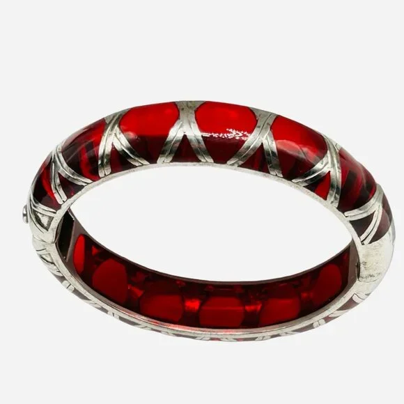 Angelique de Paris Red Resin Sterling Overlay Hinged Bangle Bracelet